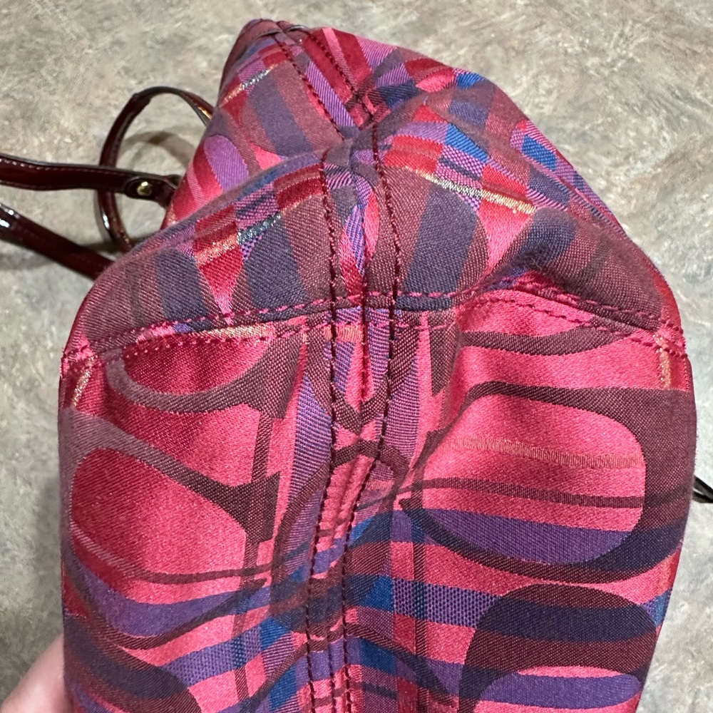Coach Poppy Plaid Signature Glam Tote Satchel Pink Red Patent Trim EUC - Picture 10 of 11
